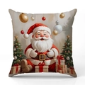 Linen Christmas pillow cover with festive Santa Claus and holiday tree print - Santa Claus