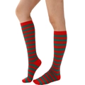 Detailed knit texture of red and green striped Christmas socks for women on leg - One Size / Red and Green Thin Striped