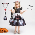 Girls' black Halloween ghost dress set with matching handbag and bat wing headband - 130cm / WS016-Black (Bag+Accessories)