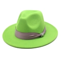 Detail of green wool fedora hat featuring purple ribbon band and rhinestone buckle - Fruit Green