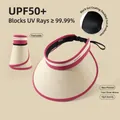 Beige empty top sun hat with UPF50+ black glue lining and foldable design for women - Contrast Striped Vinyl Interior Style / Wine Red and Beige Contrast