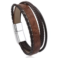 Close-up of brown multilayer braided leather bracelet with silver magnetic metal clasp - Tan