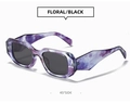 45-degree side view of retro floral rectangular sunglasses with wide temples - Floral Frame Black Gray Lens