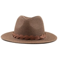 Detalle del tejido de paja y la banda de cuero trenzado marrón en el sombrero fedora - M (56-58cm) / Marrón