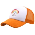 Orange and white mesh trucker hat featuring I'M HAPPY text and a rainbow print - Orange