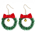Detailed close-up of festive Christmas wreath earrings with red bow and gold bell charm - Double Dangle Disc