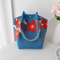 Blue knitted bucket bag with orange cherry blossoms and colorful rope handles - 33CM / Dark Blue Sakura