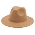 Detailed macro view of the camels wool felt wide brim fedora hat with flat edge stitching - M / Camel