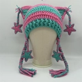 Pink and green striped crochet cat ear hat with star charms and tassels in Y2K style - Adult 56-59cm / Green and Pink