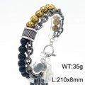 Men's double layer beaded bracelet with black agate, golden lava stone and T-bar clasp - Gold Lava Stone & Black Bead Combo Style (KB182652-TLX)