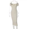 Detail view of beige off-shoulder ribbed knit dress with professional slim fit profile - S / Off White