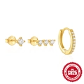 Parure de trois boucles d'oreilles en argent S925 plaqué or avec zircons blancs brillants - #5 Or - Zirconium Lot de 3