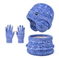 Kids winter 3-piece set with blue knit earflap hat, scarf, and touch gloves - 3-Piece Set - Two-Tone Royal Blue