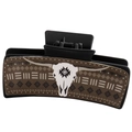 Close-up of black hair claw clip with brown leather bull skull and tribal pattern - Black PU Bull Head