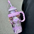 Large purple water bottle with straw and handle featuring ICE CREAM print and cartoon decor - Belly Cup + Purple Big Mouth / Purple