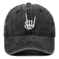 Unisex washed black baseball cap with white skeleton hand claw embroidery design - One Size / Black