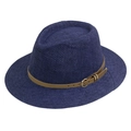 Classic dark blue Panama straw hat with brown leather belt and golden metal buckle - 58cm One Size / Navy Blue