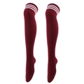 Detail view of burgundy over-knee socks with white triple stripes on knitted fabric - One Size / Wine Red with White Stripes