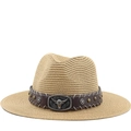 Western straw cowboy hat in khaki with brown leather band and silver bull head ornament - M (56-58cm) / Khaki