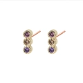 Vertical gold stud earrings with light purple, tan, and dark purple zircon stones - MAE023 Gold 3-Stone Purple/Brown