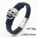 Men's black braided leather bracelet with silver skull charm and magnetic clasp - Skull Head (KB179989)