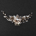 Detailed bridal hair comb featuring golden wire with emerald crystal and faux pearls - Opal Rhinestone + Gold Wire