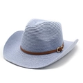 Detailansicht eines hellblauen Stroh-Cowboyhuts mit braunem Lederband und Metallschnalle - M / Himmelblau