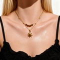 Double-layered gold sunflower necklace with tiger eye beads and sun pendant on model - Gold Five Bead Sun Pendant Style (N-341)