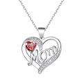 Silver-toned heart necklace with a red heart-shaped zircon and Mom engraving - Silver Red Style (6117)