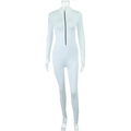 Detail van witte bodysuit met lange mouwen, opstaande kraag, rits vooraan en duimgaten - S / Wit