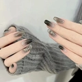 Short black grey gradient press-on nails with golden wire edges and glitter finish - R653 Mysterious Blush / Nail Glue Version