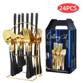 24-piece black and gold stainless steel cutlery set with storage rack and blue gift box - 24-Piece Set / Black Gold