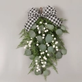 Christmas Eucalyptus wall swag with white berries and black-white gingham bow - Eucalyptus White Berry PE Teardrop Swag (No Lights)