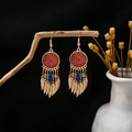 Bohemian dangle earrings featuring vintage gold mandala discs and red bead accents - Antique Gold Red Mandala Feather Tassel Style (E763-2)