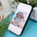 White casual long wallet with cute owl skateboard cartoon print and black zipper closure - Owl with Hat