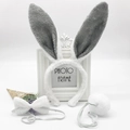 Three-piece plush rabbit ears headband set with bowtie and tail for holiday costumes - White & Grey Plush