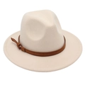 Close-up of cream wool felt fedora featuring a brown suede band and metal buckle detail - M (56-58cm) / Beige (Yellow Rope)