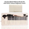 Professional 24-piece black makeup brush set with off-white faux leather roll pouch - 24 Pcs Animal Hair Set With Off-White Pouch