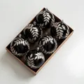 Set of six 8cm black Christmas balls with silver leaf patterns in a brown gift box - Black Willow Leaf