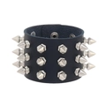 Punk style wide black leather bracelet featuring three rows of silver metal cone spikes - Navy Blue