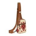Detailed close-up of a Bohemian canvas chest bag with geometric patterns and brown leather accents - Brown