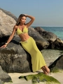 Detail of yellow bikini with mesh maxi skirt featuring decorative starfish accents - Bright Yellow