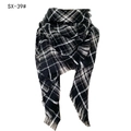 Classic black and white checkered plaid triangle scarf with fringe tassels on white background - Black Grey Plaid
