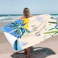 Quick-dry microfiber beach towel featuring HELLO print and tropical palm tree patterns - Simple Summer (Single-sided Print with PE Bag)