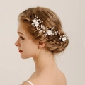 Elegant bridal hair pin set with white pearls and ceramic flowers on silver wire - 2# Hair Comb & Pin Set (Silver/White)