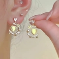 Elegant gold heart and arrow earrings featuring green opal and pearls for women - Heart Cat's Eye Stone Arrow Piercing Style (0979 Cat's Eye Earrings)