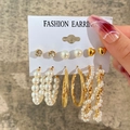 Golden 6-pair earring set featuring faux pearls, rhinestones, and metal heart designs - 6 Pairs Gold Heart Pearl Rhinestone Set (5171)