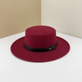 Retro burgundy wool boater hat with black leather belt and gold buckle accent - M (56-58cm) / Wine Red - Black Belt