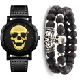 Detail view of punk watch with gold skull dial and black lava stone bead bracelet set - Gold + Bracelet