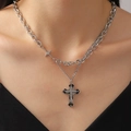 Silver layered gothic cross necklace with black enamel detail and zirconia star charm - Stainless Steel Layered Cross Necklace (A-1100)